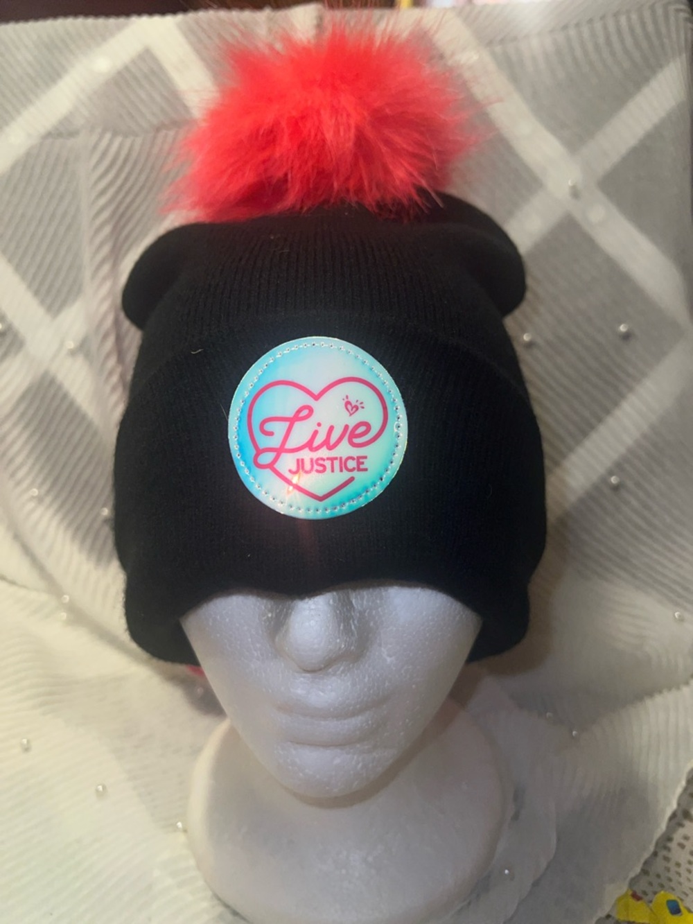 Justice Black Beanie with Bright Red Pom Pom